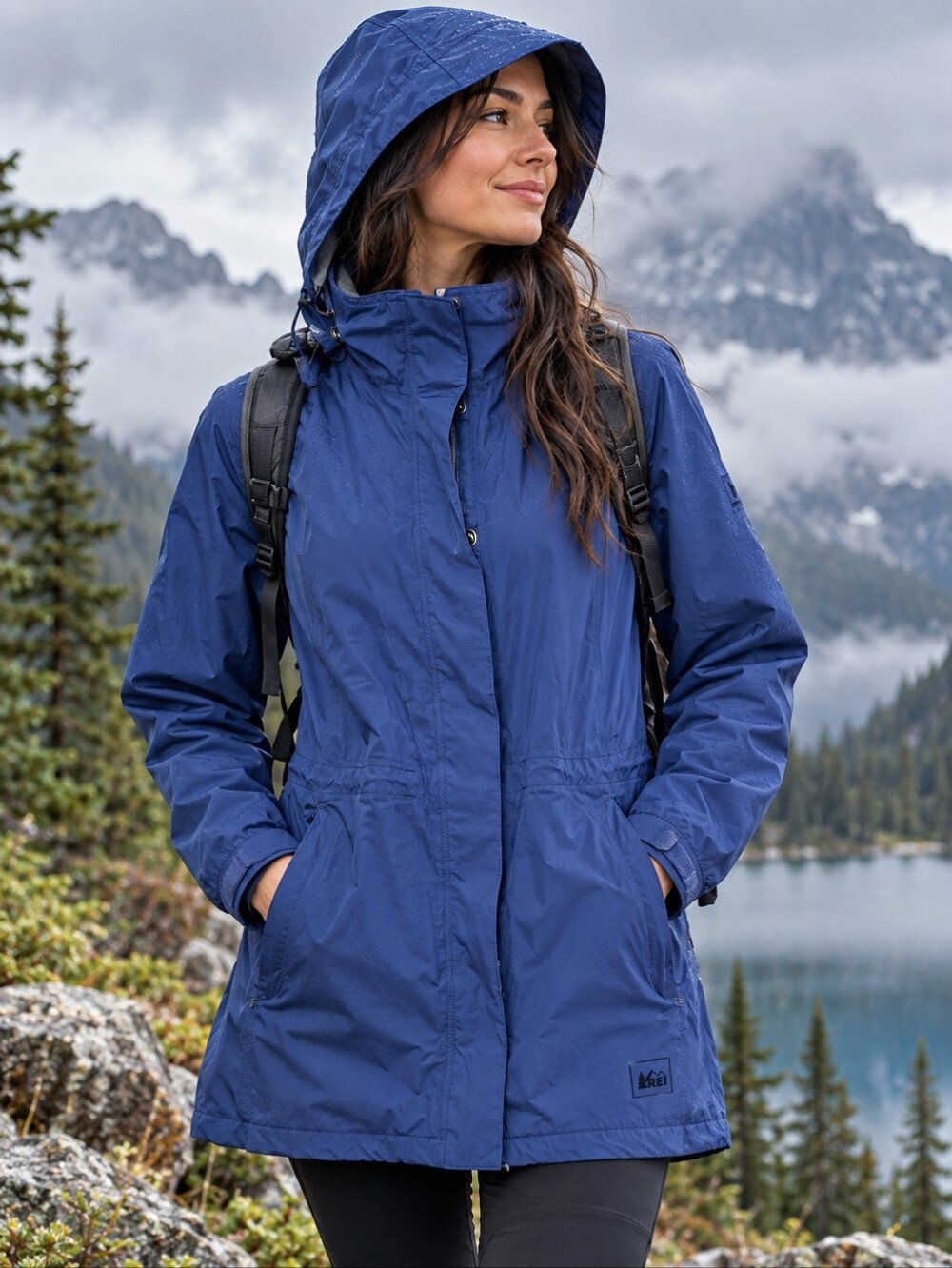 REI Elements E1 Women’s Large Blue Hooded Rain Jacket Long Coat